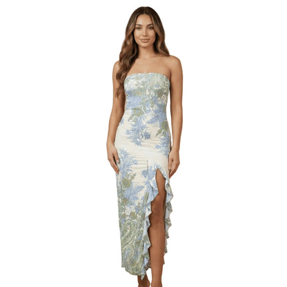Strapless floral midi dress with blue and green botanical print and asymmetrical ruffle slit