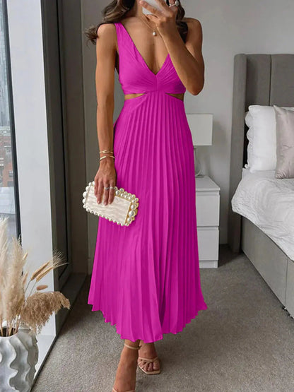 Magenta pleated midi dress with deep v-neck and cut-out waist