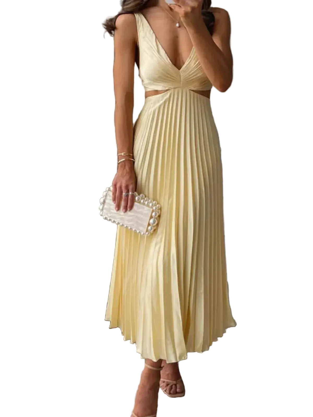 Cream pleated midi dress with v-neck and cut-out waist detail