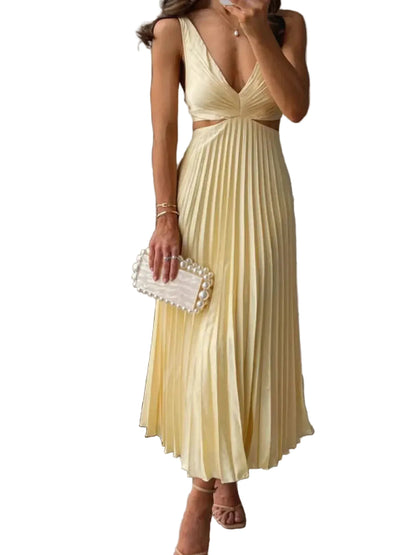 Cream pleated midi dress with v-neck and cut-out waist detail