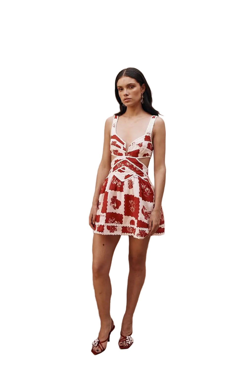Red and cream floral mini dress with v-neck cutout and pearl beading trim
