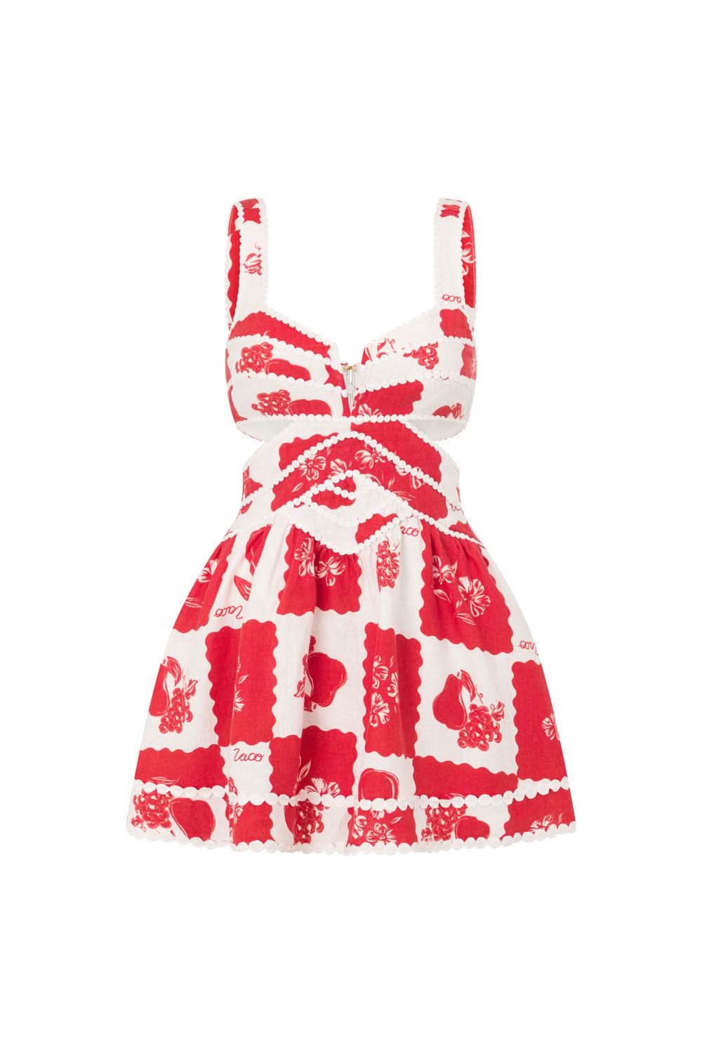 Red floral mini dress with v-neck, pearl beaded waist cutouts, full front view