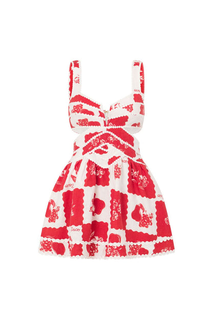 Red floral mini dress with v-neck, pearl beaded waist cutouts, full front view