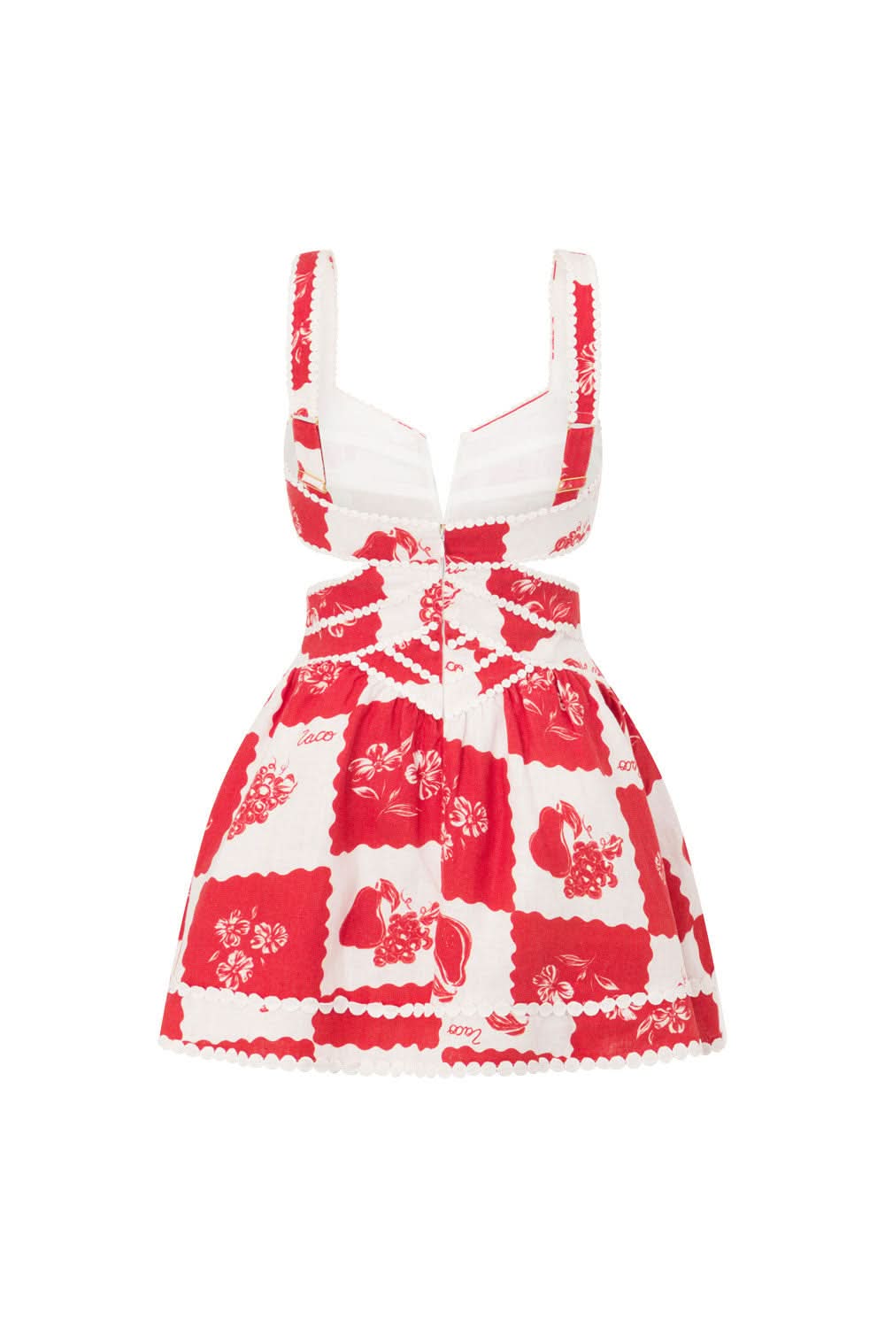 Back detail of red floral mini dress showing pearl-beaded cutout pattern