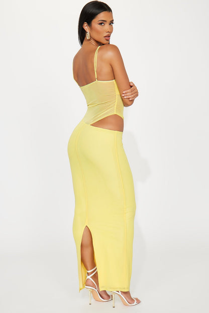 Yellow v-neck ruched crop maxi dress with slit detail, back view