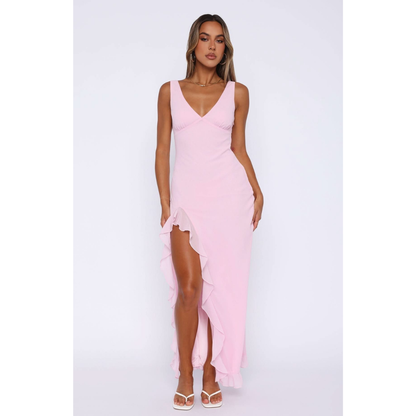 Pink v-neck sleeveless maxi dress with asymmetrical ruffle detail