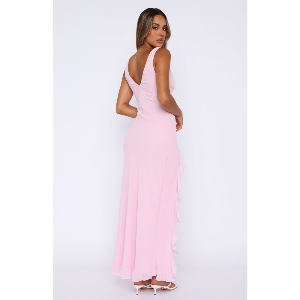 Back view of pink v-neck maxi dress with layered ruffled hem