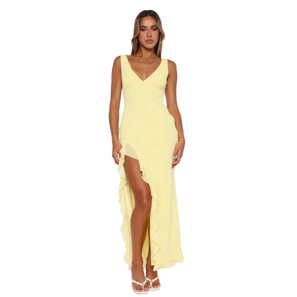 Yellow v-neck sleeveless maxi dress with asymmetrical ruffled hem