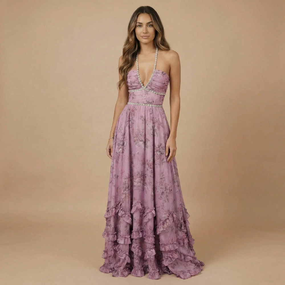 Mauve purple floral halter maxi dress with beaded bodice and tiered ruffles
