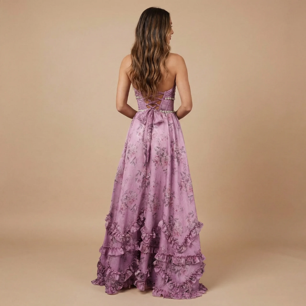 Back view of mauve purple floral halter dress with corset lacing detail