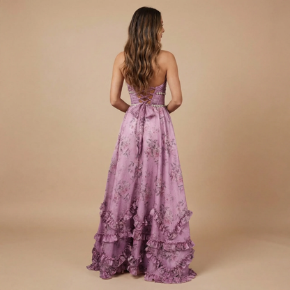 Back view of mauve purple floral halter dress with corset lacing detail