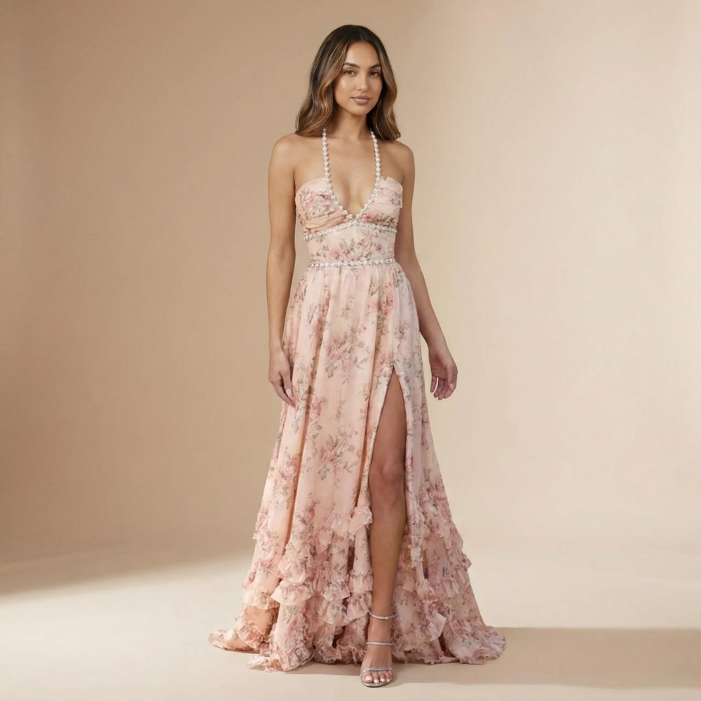 Blush pink floral halter maxi dress with beaded waist and high slit