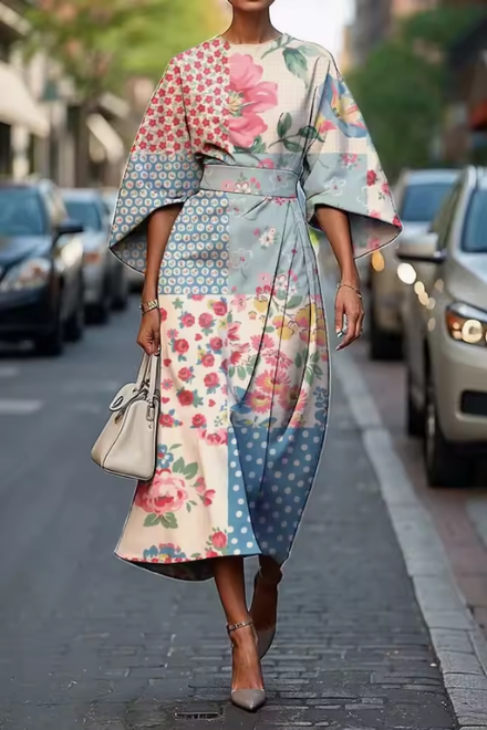 Patchwork floral kimono midi dress with mixed rose and geometric patterns in pink and blue