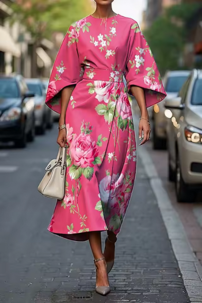 pink floral kimono midi dress with rose and leaf print and wrap waist tie