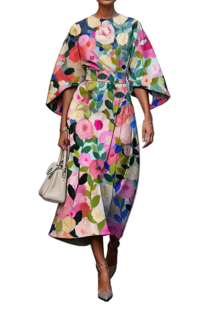 Multicolor floral kimono midi dress with pink, yellow, and blue roses on cream background