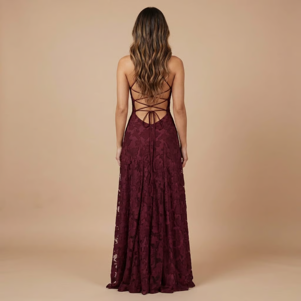 Back view of burgundy lace maxi dress with lace-up strappy back detail