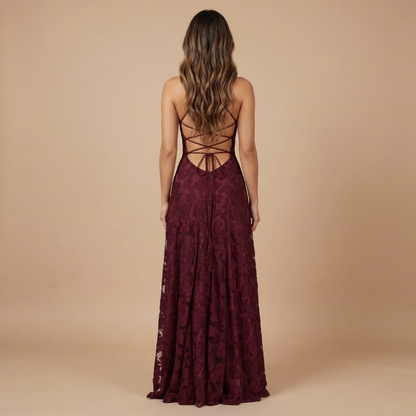 Back view of burgundy lace maxi dress with lace-up strappy back detail