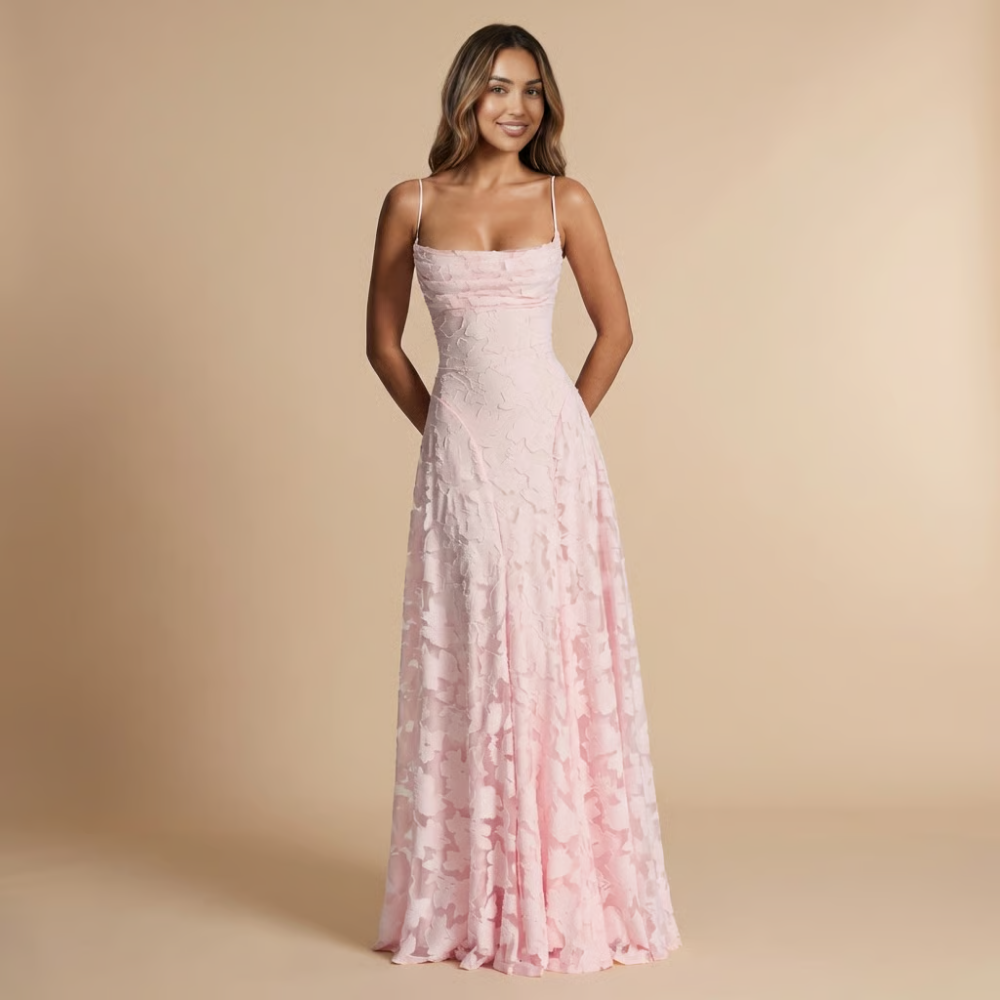 Blush pink floral lace maxi dress with spaghetti straps and ruched bodice