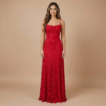 Red floral lace maxi dress with thin straps and cowl neckline