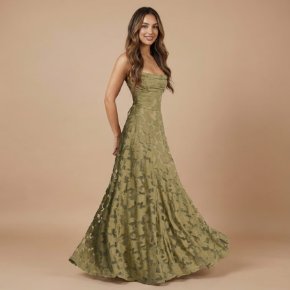Sage green floral lace maxi dress with sweetheart neckline and train
