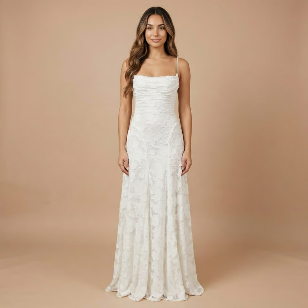 Ivory floral lace maxi dress with thin straps and ruched bodice
