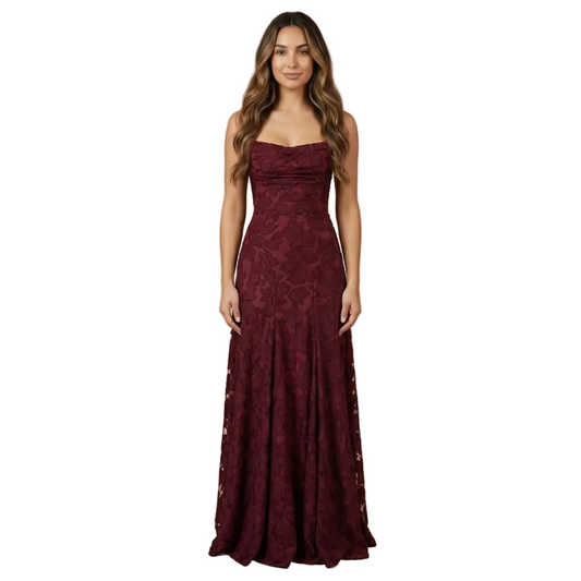 Burgundy floral lace maxi dress with strapless neckline and fitted bodice