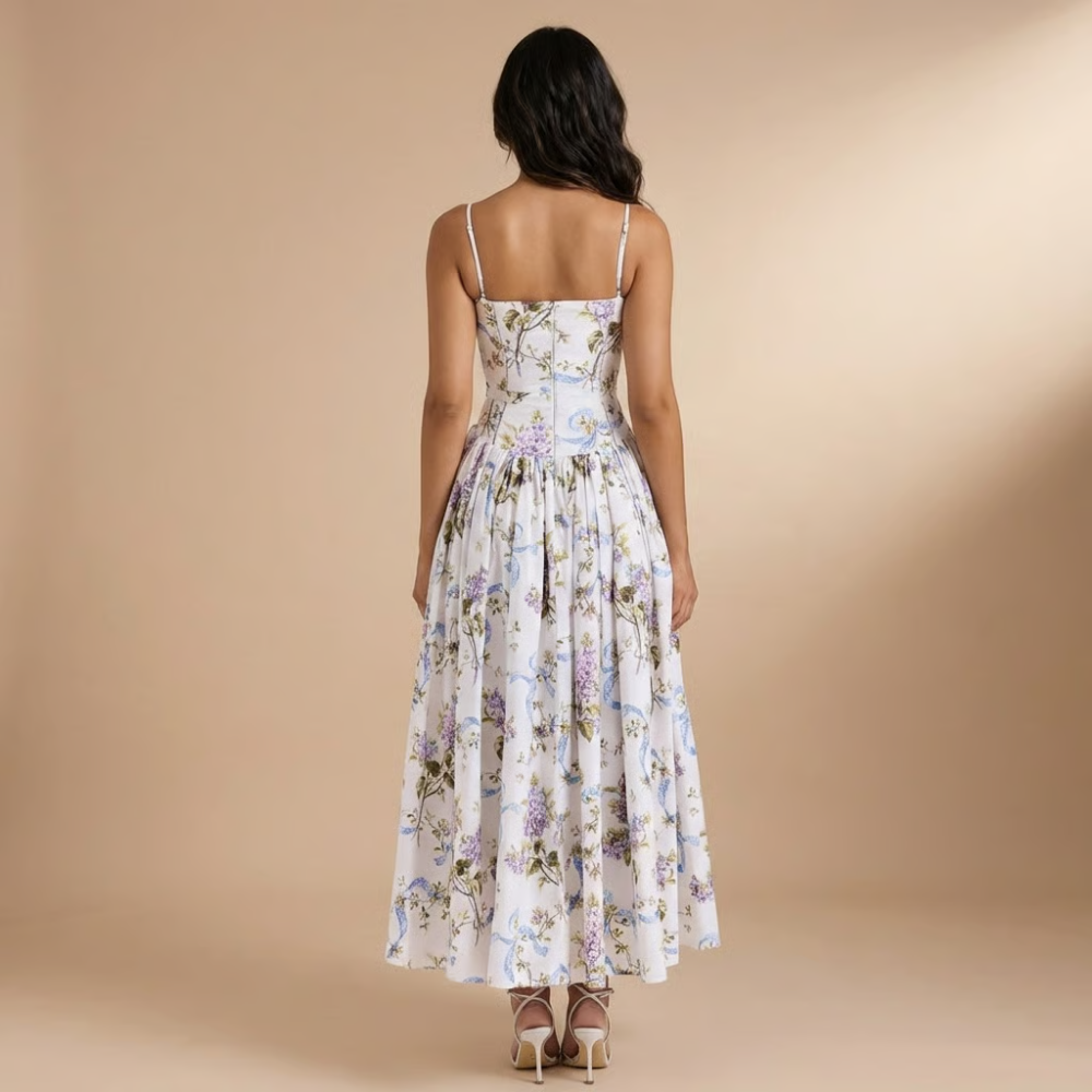Back view of spaghetti strap floral midi dress with gathered skirt