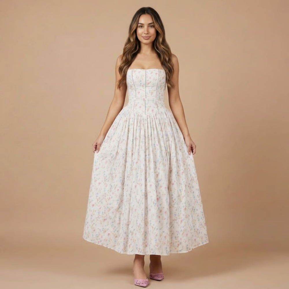 Strapless floral midi dress in cream with pink and green botanical print