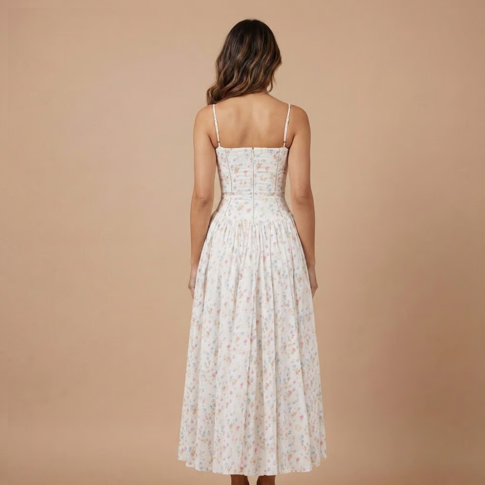 Back view of cream floral midi dress with thin straps