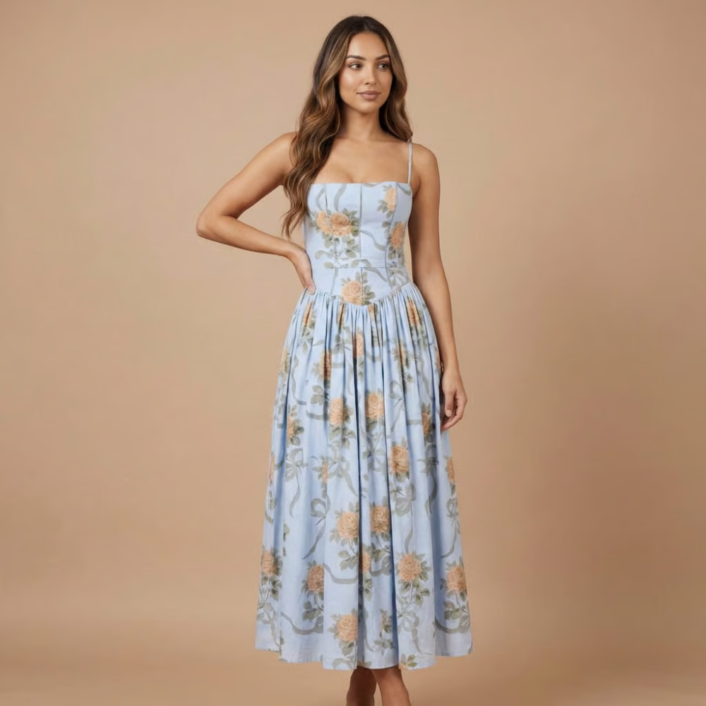 Light blue floral midi dress with yellow roses and green foliage print