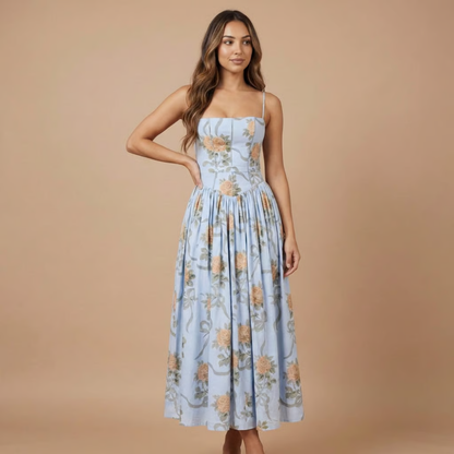 Light blue floral midi dress with yellow roses and green foliage print