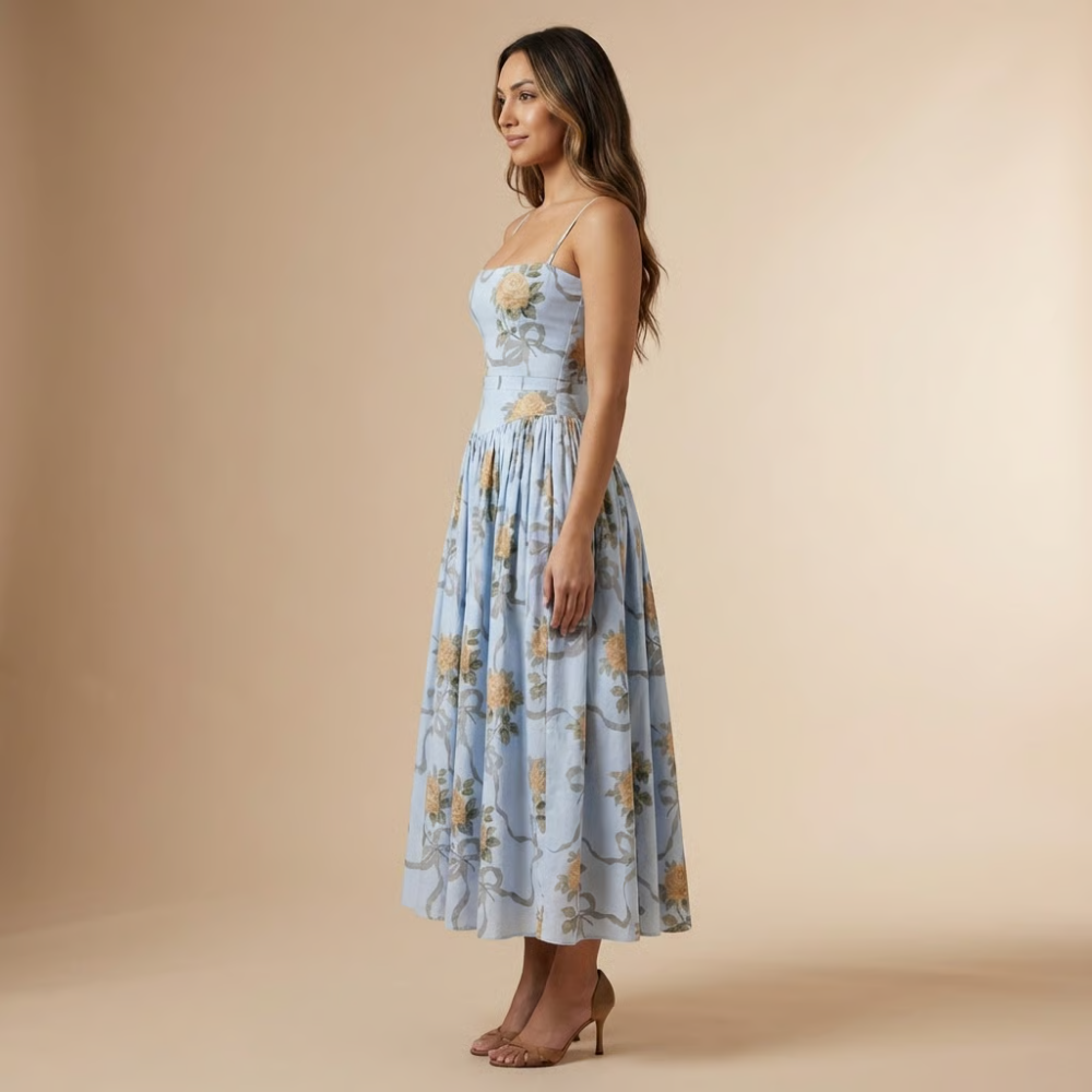 Side view of blue floral midi dress with spaghetti straps and full skirt