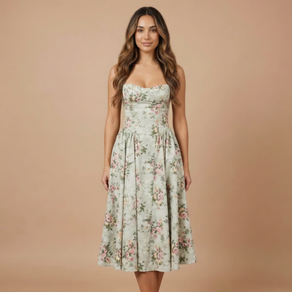 Sage green floral midi dress with pink roses and sweetheart neckline