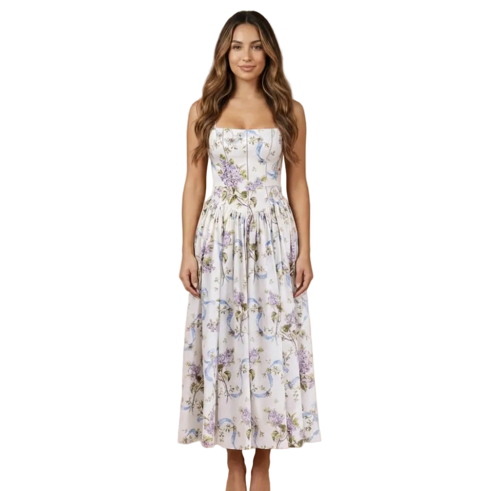 Strapless floral midi dress with purple and blue flowers on cream background