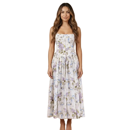 Strapless floral midi dress with purple and blue flowers on cream background