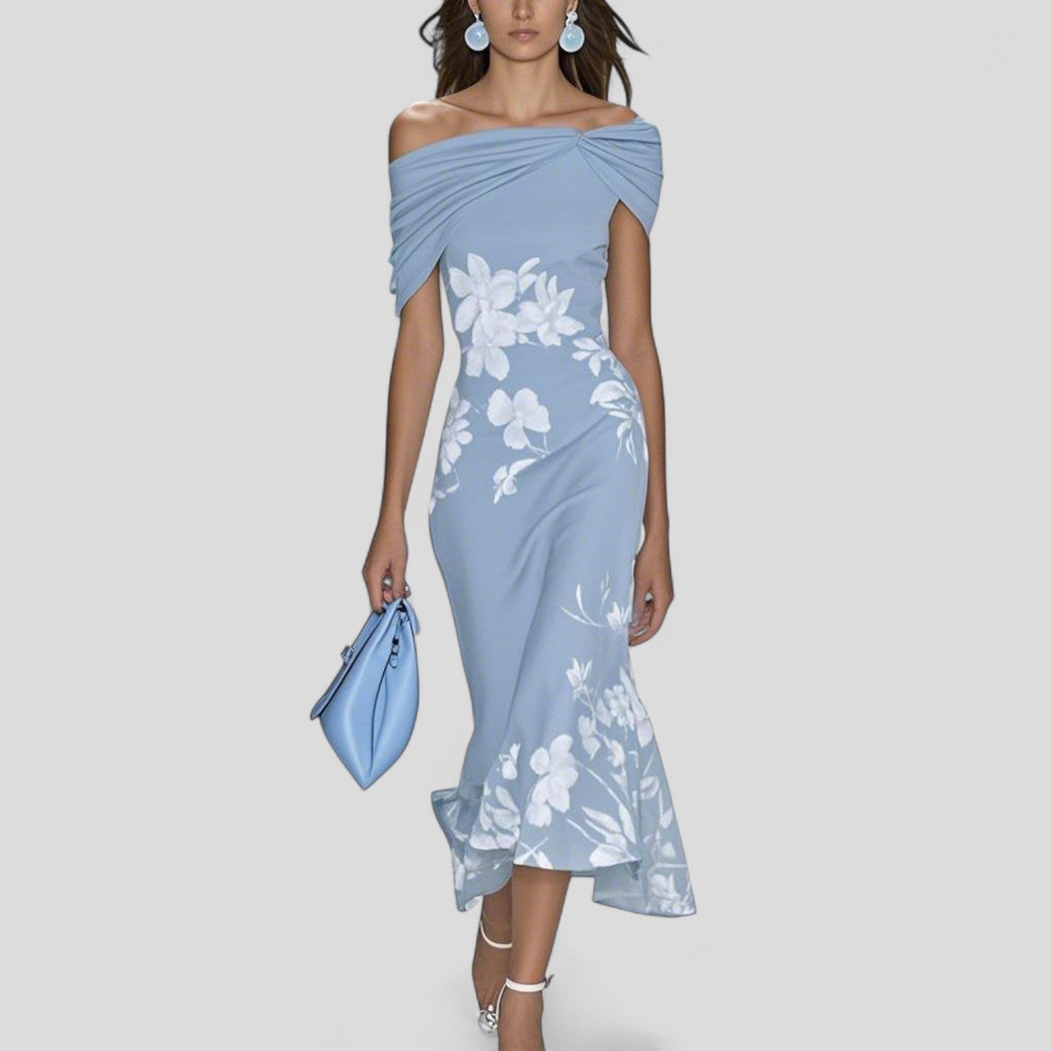 Blue off-shoulder midi dress with white floral design and asymmetrical hem