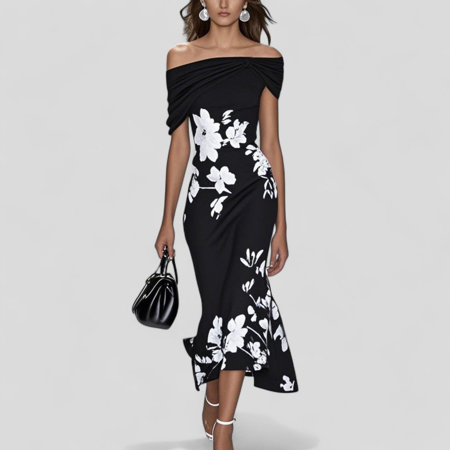 Black off-shoulder midi dress with white floral print and wrapped neckline detail