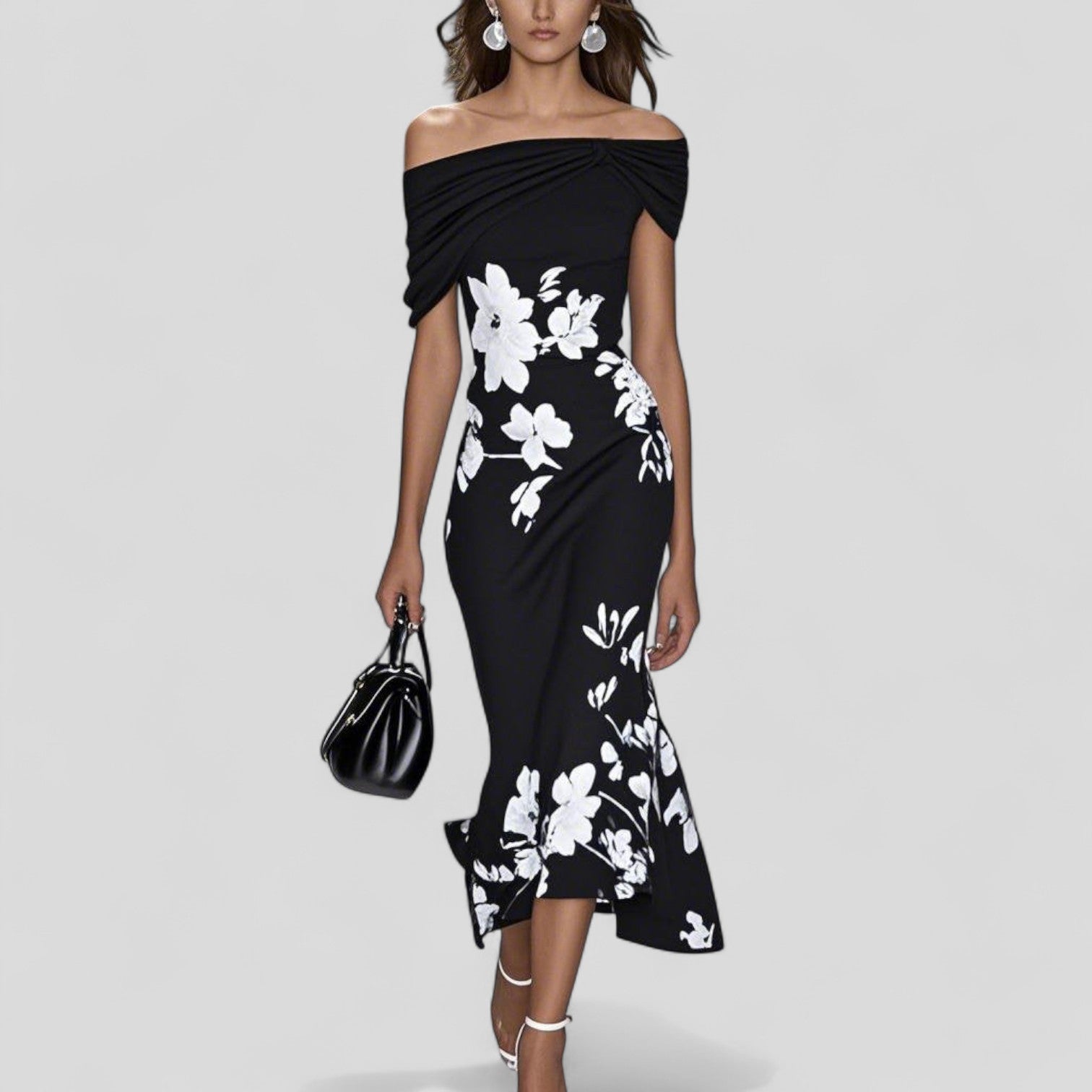 Black off-shoulder midi dress with white floral print and wrapped neckline detail