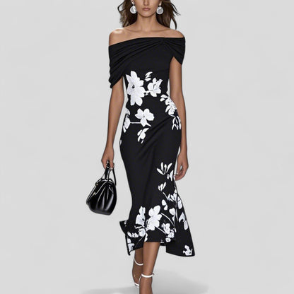 Black off-shoulder midi dress with white floral print and wrapped neckline detail