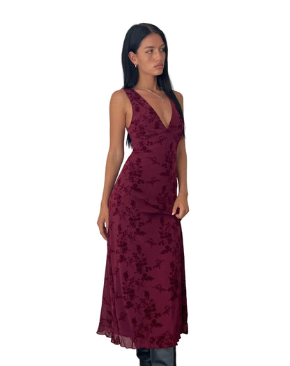 Burgundy floral velvet midi dress with deep V-neckline and sleeveless cut