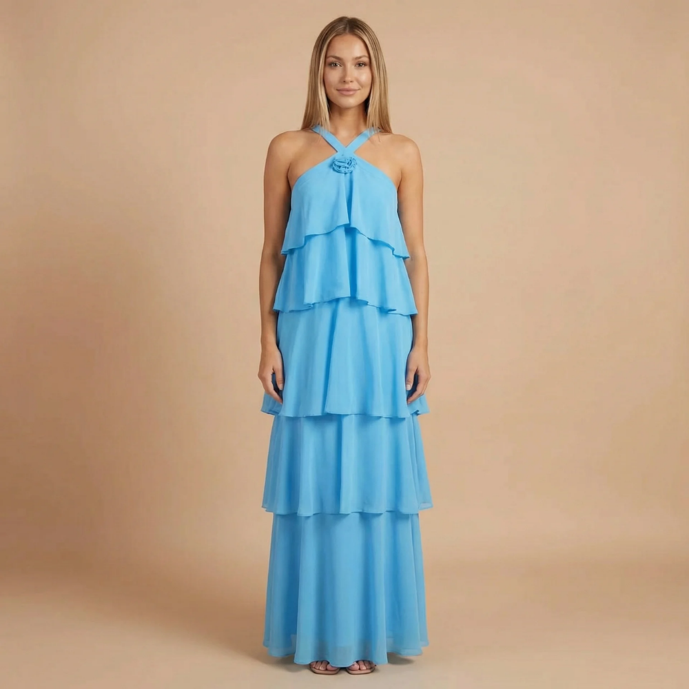 Sky blue halter tiered maxi dress with multiple cascading ruffles and crossover neckline