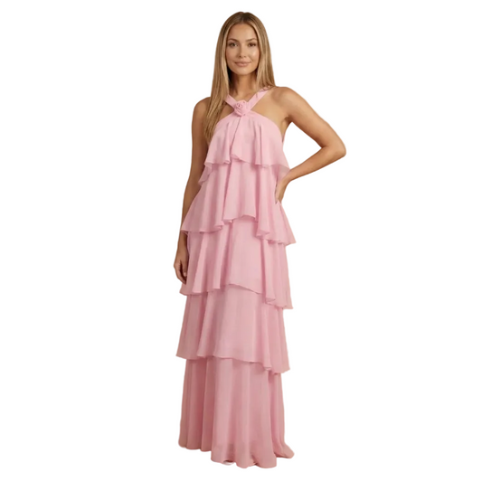 Pink halter tiered maxi dress with cascading ruffled layers and twisted neckline