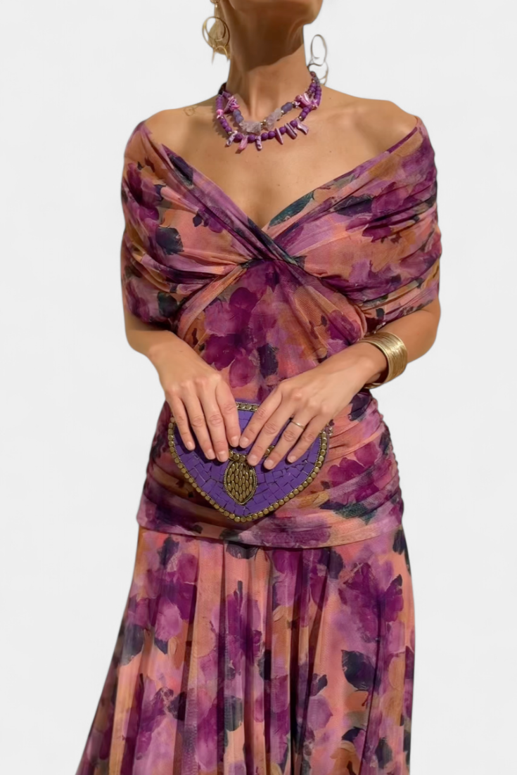 Purple floral off-shoulder midi dress with ruched wrap bodice and draped sleeves