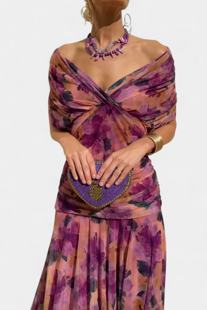 Purple floral off-shoulder midi dress with ruched wrap bodice and draped sleeves