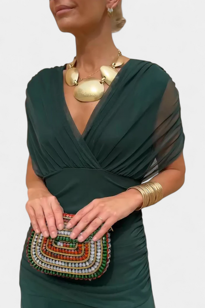 Dark green off-shoulder ruched midi dress with draped wrap bodice detail