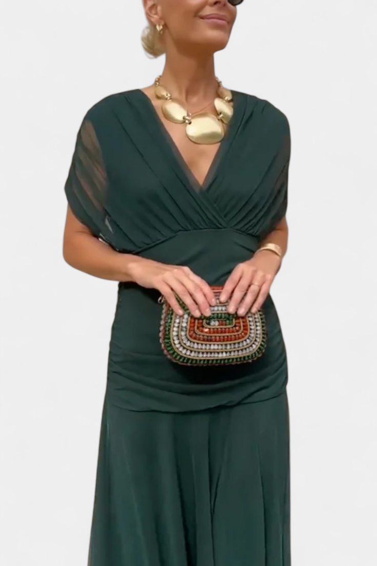 Forest green ruched off-shoulder midi dress with gathered waist and flowing skirt