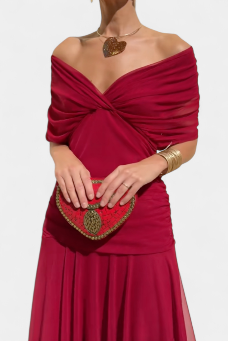 Burgundy off-shoulder ruched midi dress with twisted wrap bodice and gathered waist