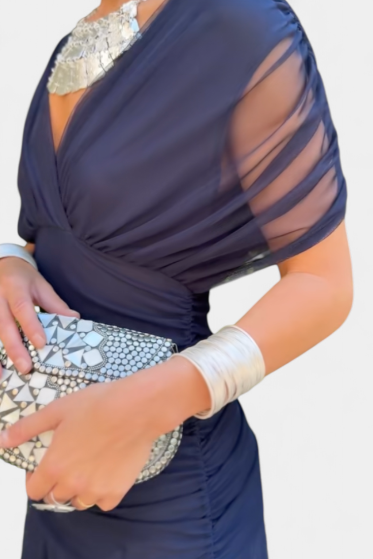 Navy blue off-shoulder ruched midi dress with sheer wrap overlay and side slit
