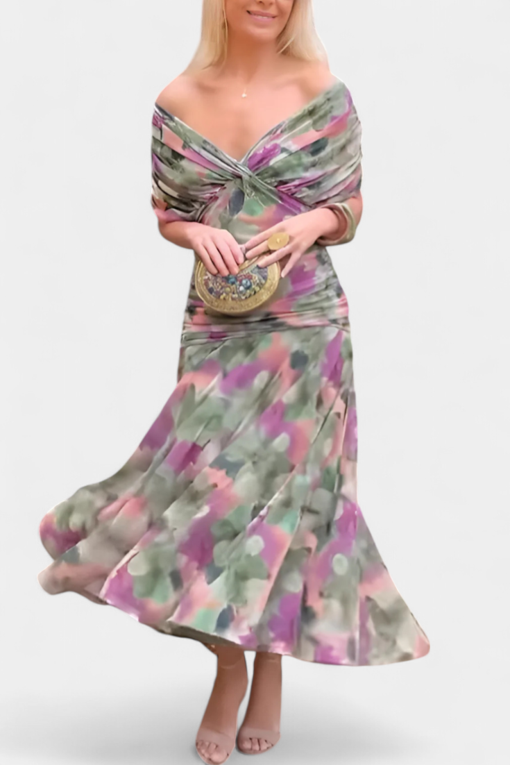 Multicolor floral off-shoulder midi dress with pink, green, and purple blooms