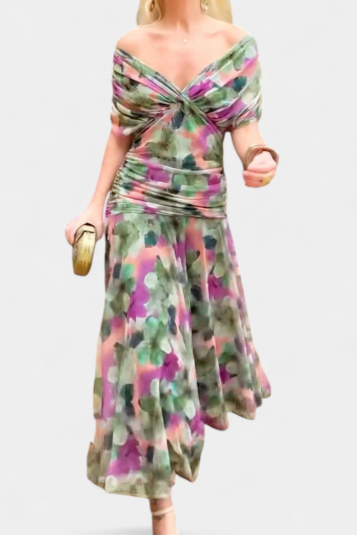 Full-length floral midi dress with off-shoulder neckline and asymmetrical hem